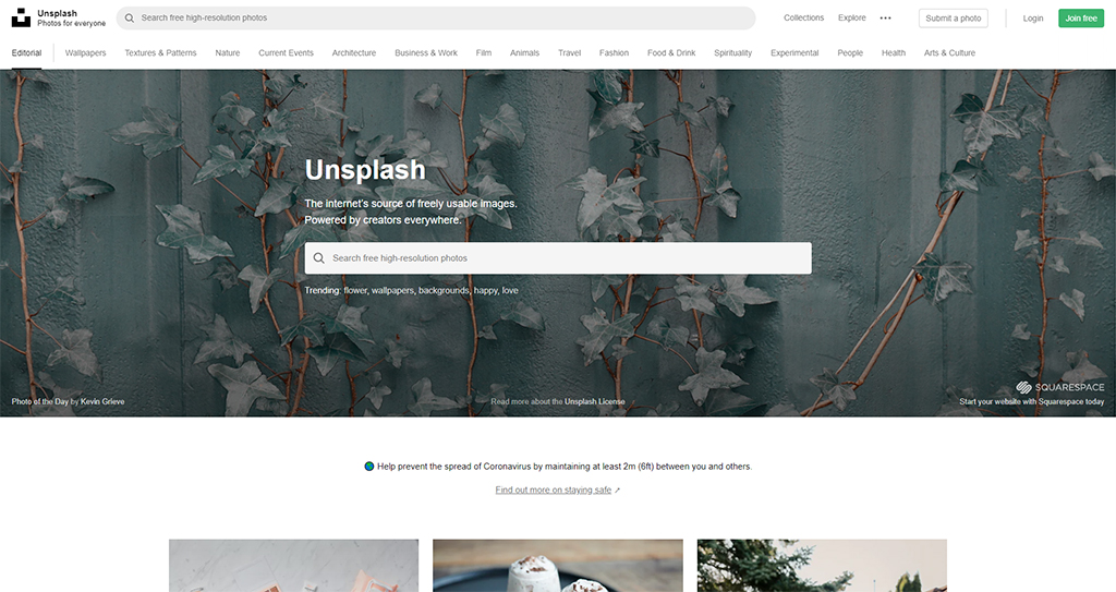 Unsplash homepage