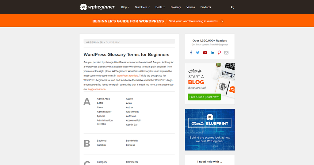 WPBeginner 'Glossary Terms for Beginners' page
