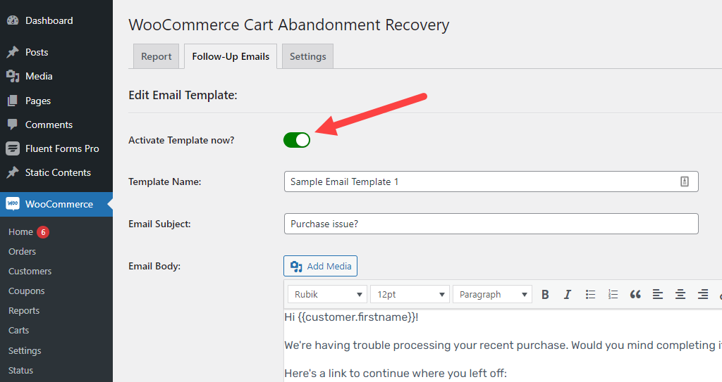 WooCommerce Cart Abandonment Recovery – Email 1 activation