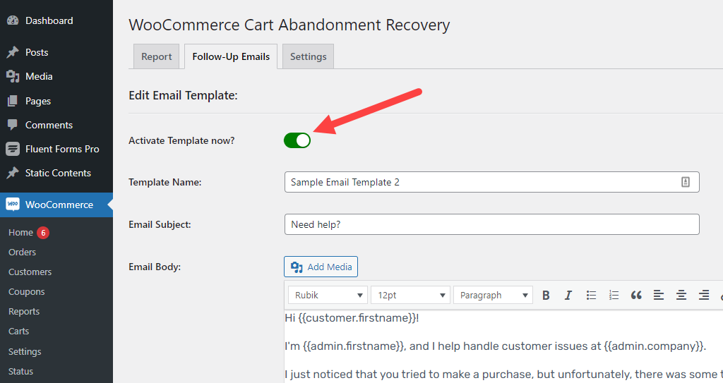 WooCommerce Cart Abandonment Recovery – Email 2 activation