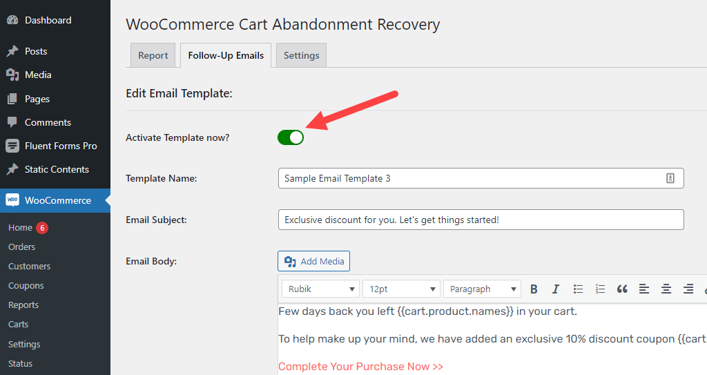 WooCommerce Cart Abandonment Recovery – Email 3 activation