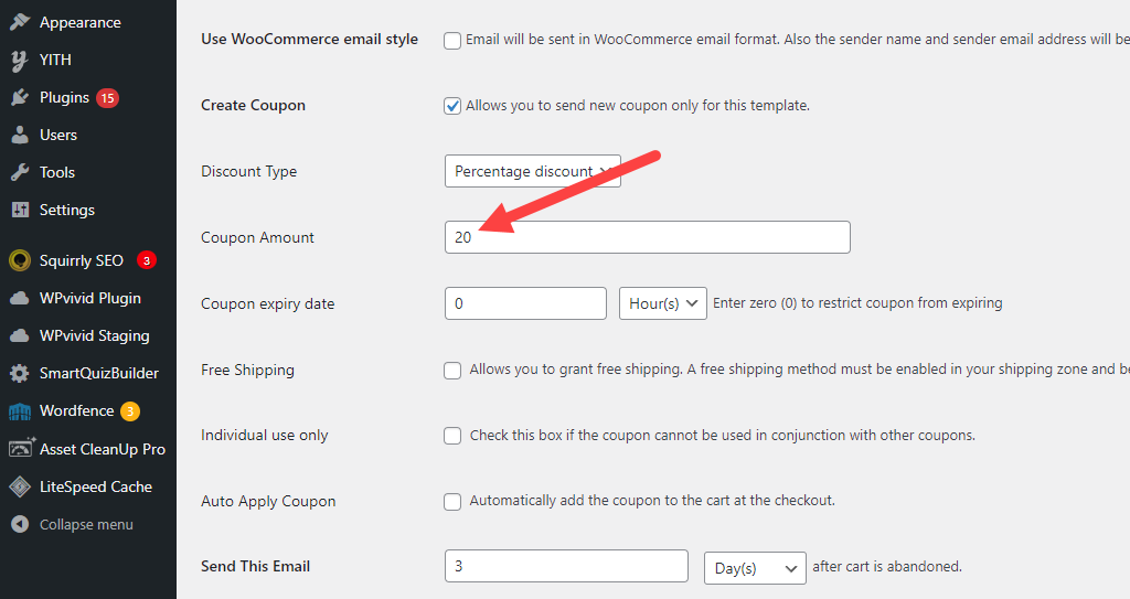 WooCommerce Cart Abandonment Recovery – Email 3 coupon amount