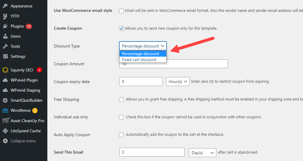 WooCommerce Cart Abandonment Recovery – Email 3 coupon discount type